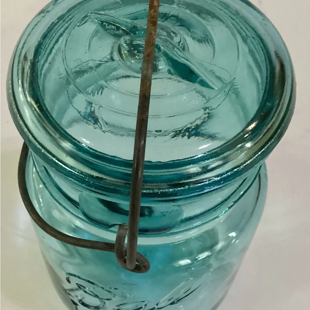 Old One Pint Blue Green Glass Ball Ideal Antique Fruit Canning Jar July 14 1908